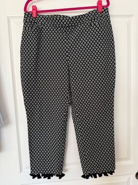 Chico's Black & White Geometric Cropped Pants with Tassel Hem